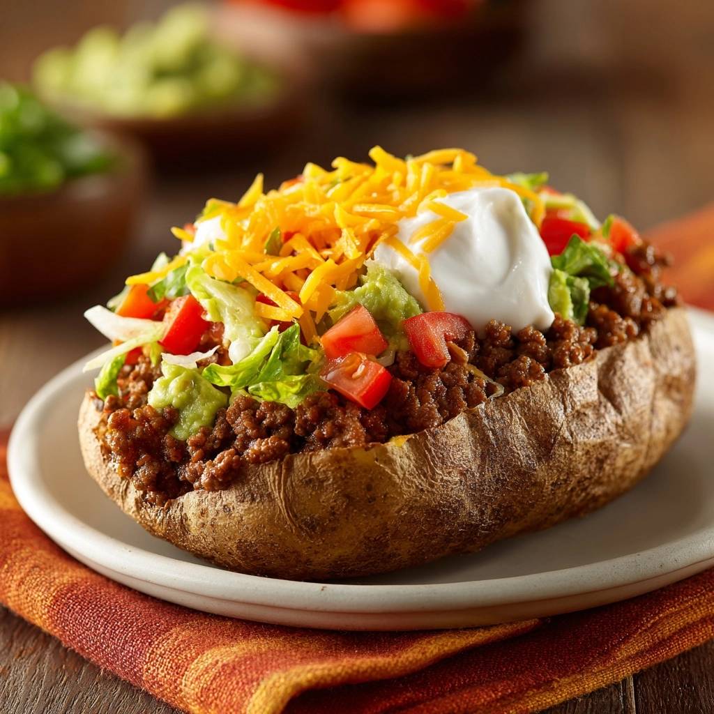 Loaded taco stuffed baked potatoes with a close-up view of the sour cream, cheese, and tomato topping.