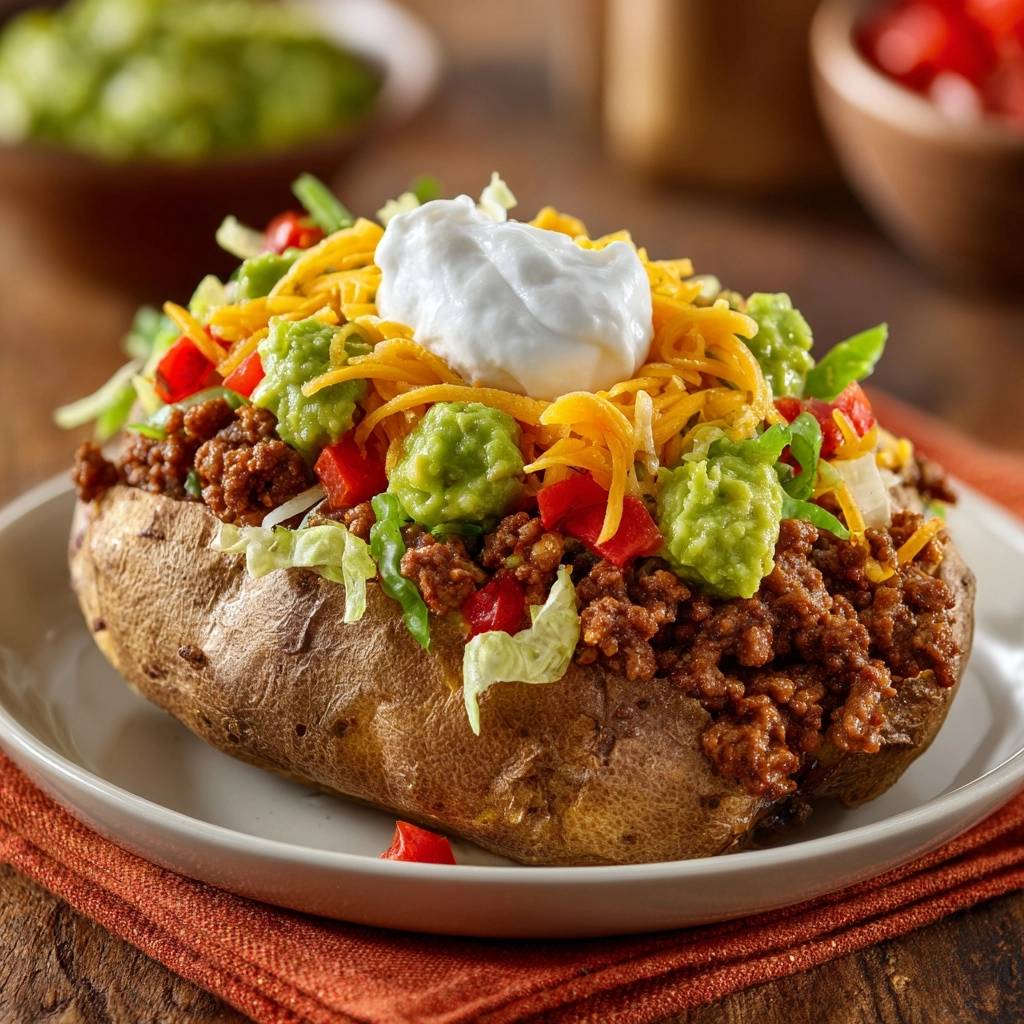 Loaded taco stuffed baked potatoes with a dollop of sour cream and fresh toppings, shown in a close-up view.