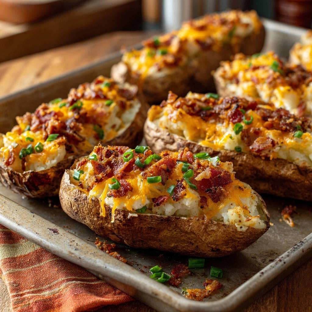 Loaded twice-baked potatoes with bacon, cheese, and chives served on a baking tray.