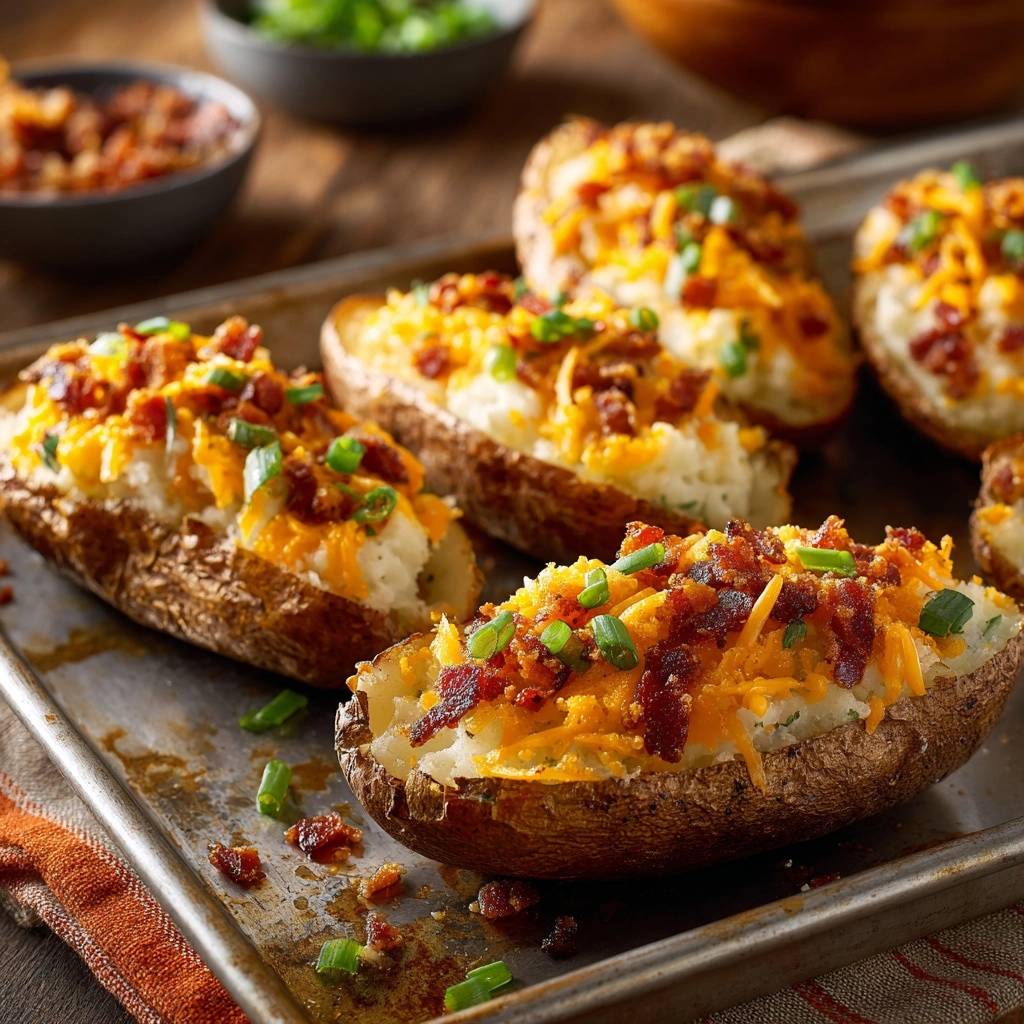 Loaded twice-baked potatoes with cheese, bacon, and chives freshly baked on a metal tray.