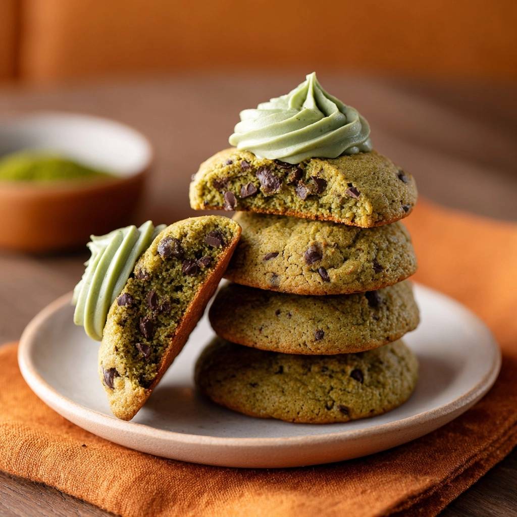 Matcha chocolate chip frosted cookies cross-section showing the interior texture and chocolate chips, with frosting on top.