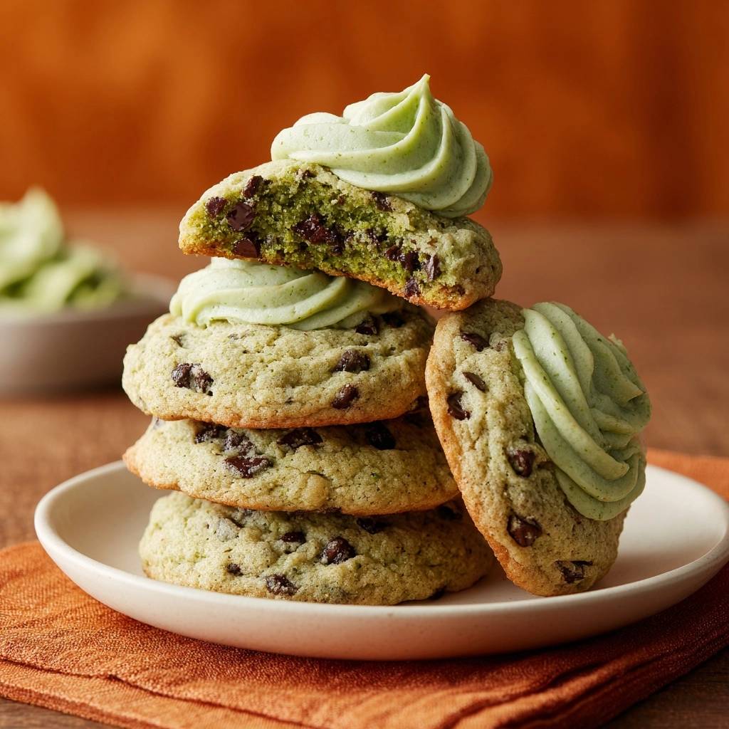Matcha chocolate chip frosted cookies stacked with a close-up view of a cookie's cross-section showing chocolate chips and green frosting.