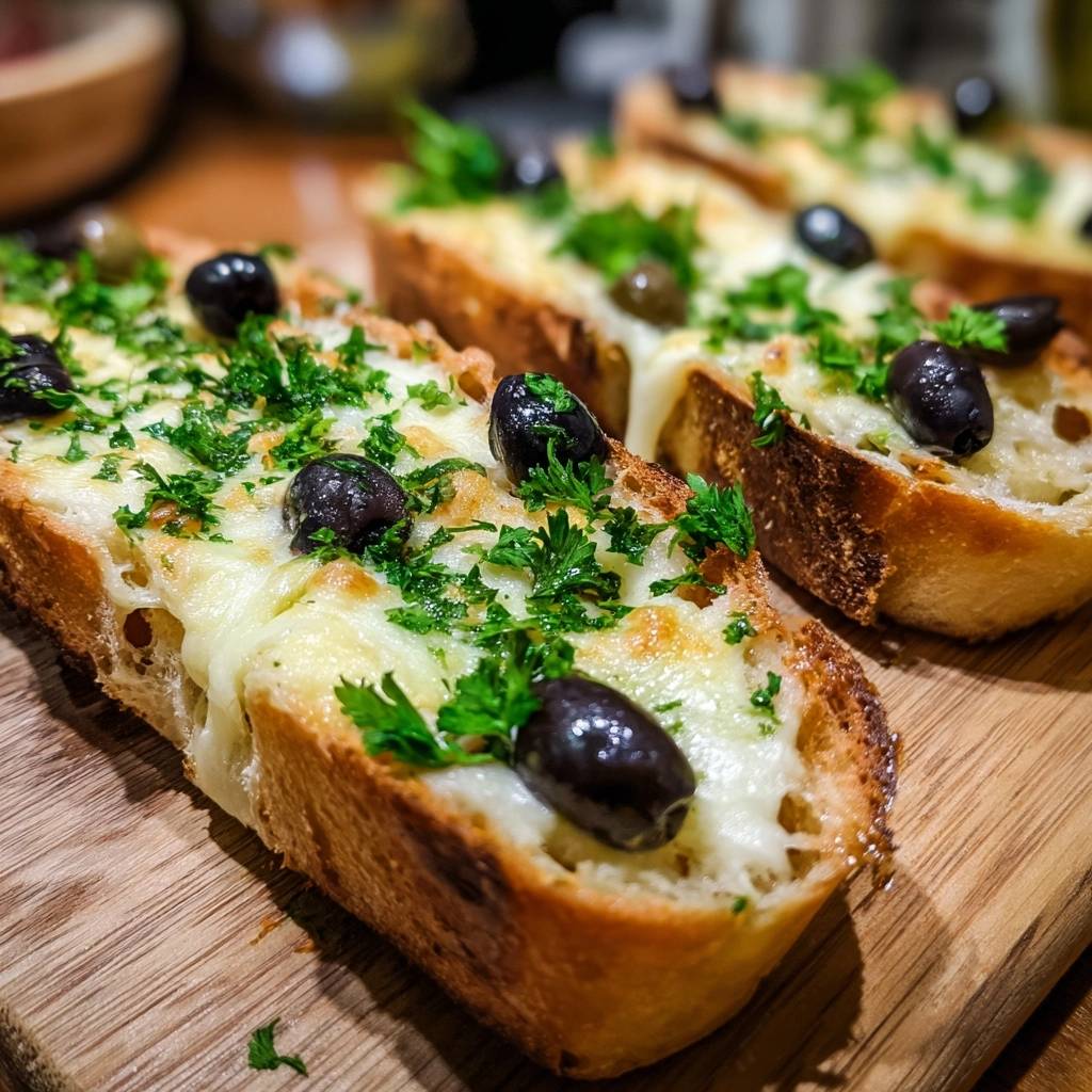 The Ultimate Mediterranean Cheesy Garlic Bread with black olives and fresh parsley, shown in a close-up view.