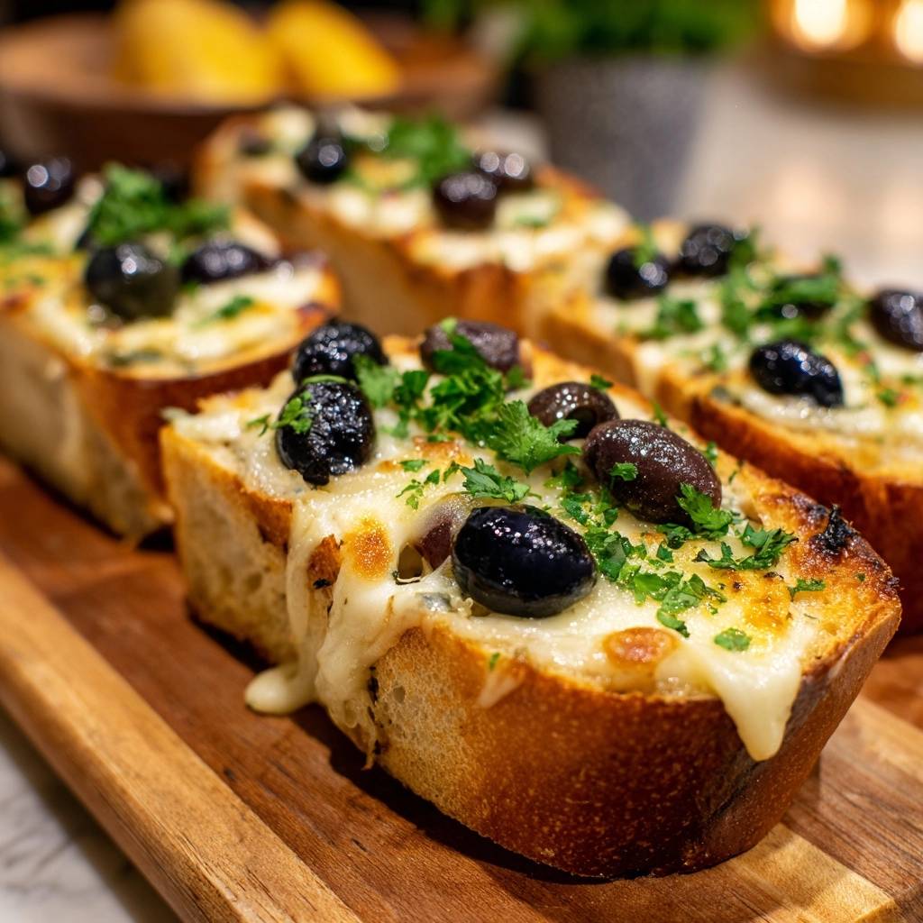 The Ultimate Mediterranean Cheesy Garlic Bread topped with melted cheese and whole olives, showcasing a golden-brown crust.