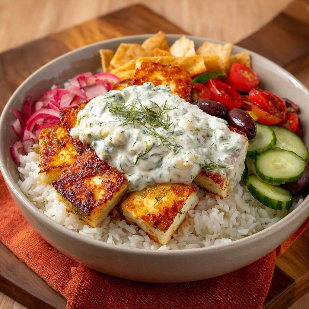 Mediterranean halloumi rice bowl with a close-up view of the fried halloumi and creamy dill sauce.