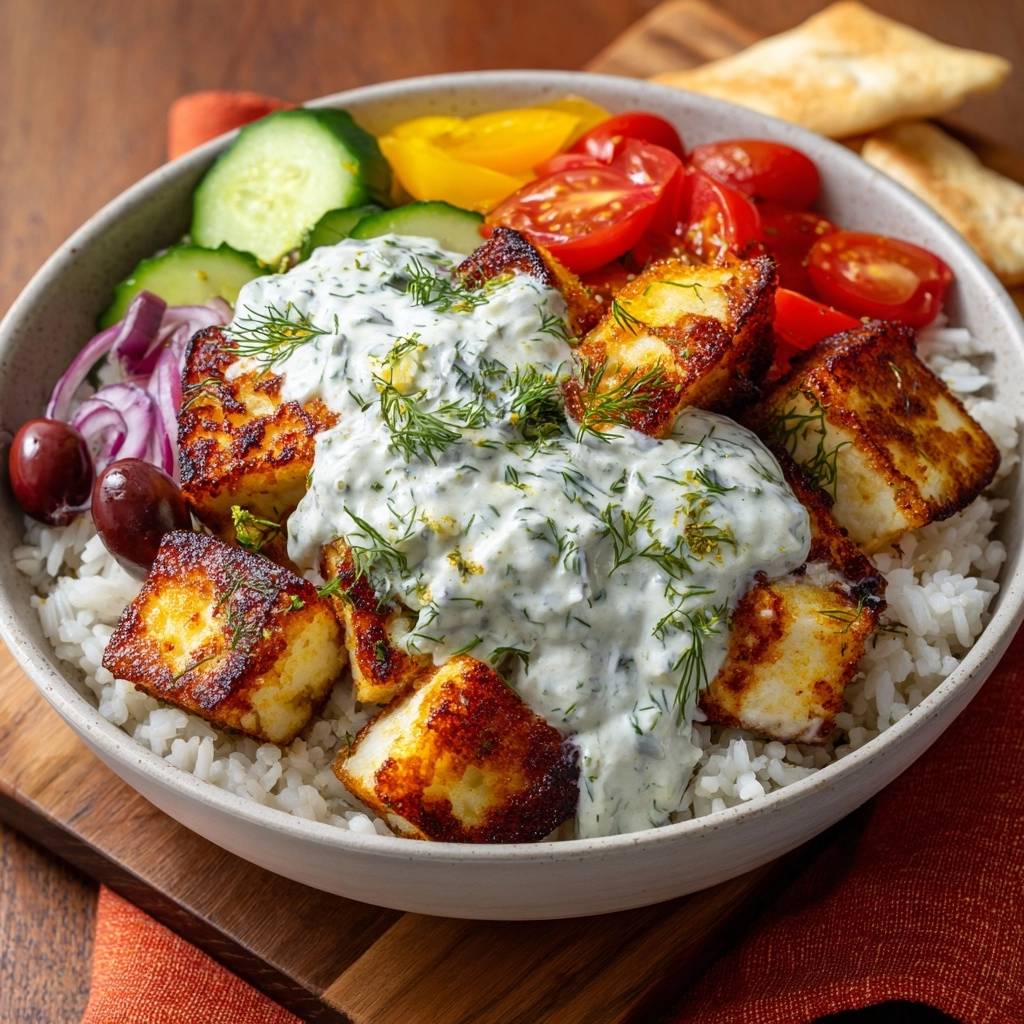 Mediterranean halloumi rice bowls featuring pan-fried cheese and creamy dill sauce, a close-up view of the topping.