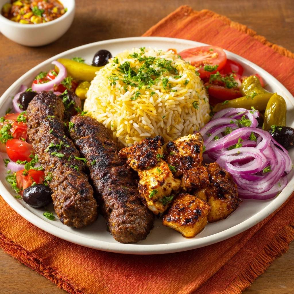 Mastering the Mediterranean Mixed Grill Platter shown as a full plate with kebabs, chicken, rice, and salad.