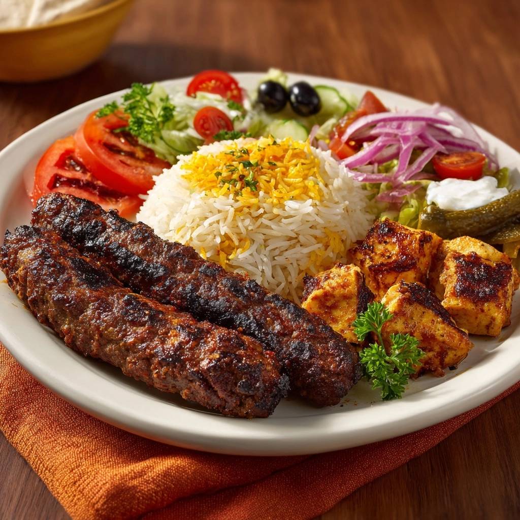 Mediterranean mixed grill platter featuring juicy kebabs, saffron rice, and a fresh side salad.
