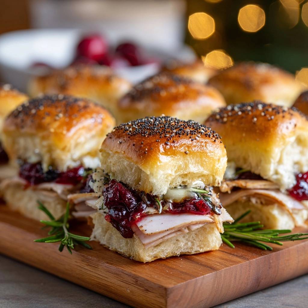 Mini turkey cranberry brie sliders featuring a close-up view with fresh rosemary garnish on a wooden board.