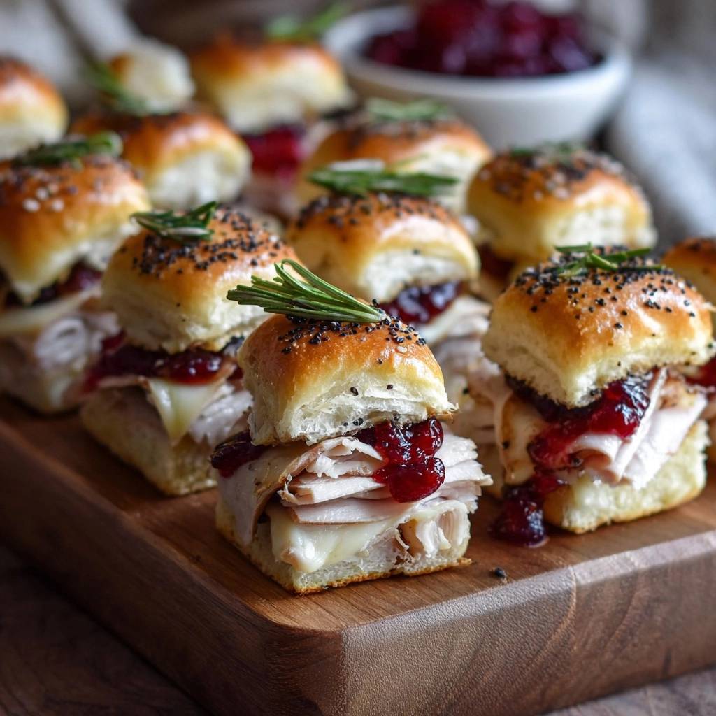 Mini turkey cranberry brie sliders recipe shown in a close-up view with fresh rosemary garnish on top.