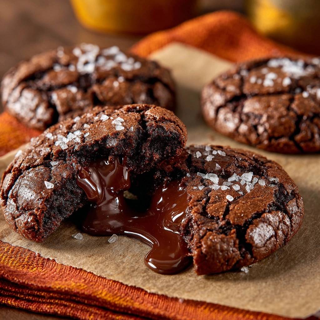Molten lava brownie cookies with a gooey chocolate center and flaky sea salt topping.