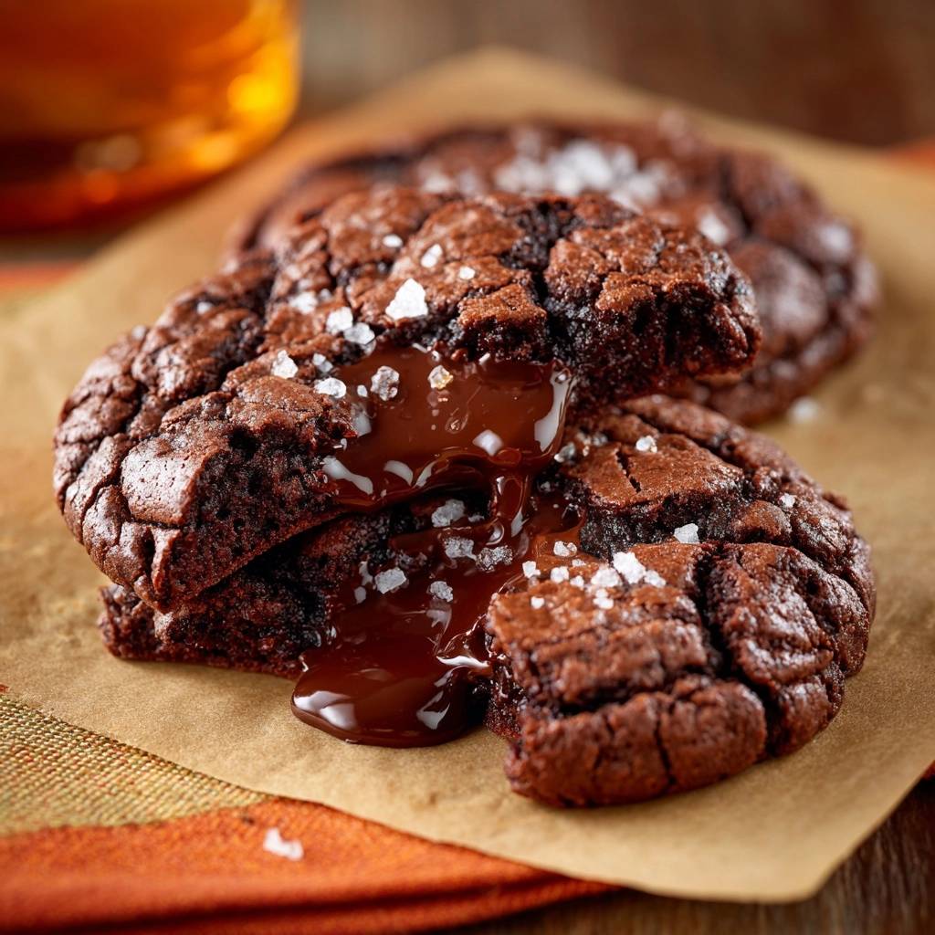 Molten lava brownie cookies split open to reveal a gooey chocolate center and sprinkled with sea salt.