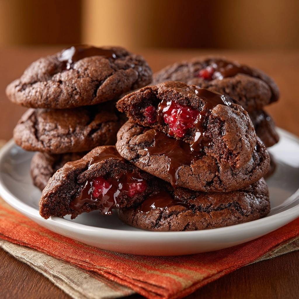 Molten raspberry chocolate lava cookies cross-section revealing gooey chocolate and raspberry filling.