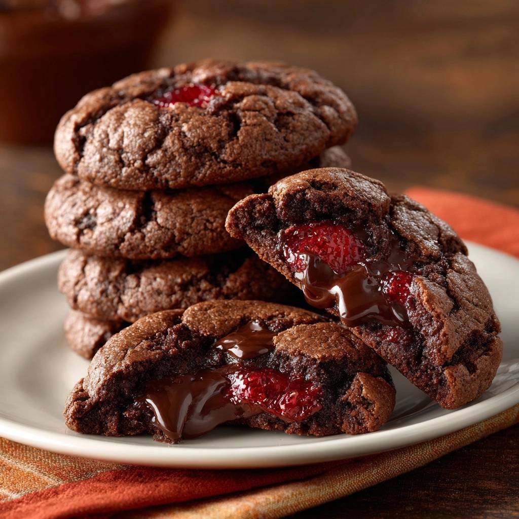 Molten raspberry chocolate lava cookies shown in a close-up cross-section, revealing gooey chocolate and raspberry filling.