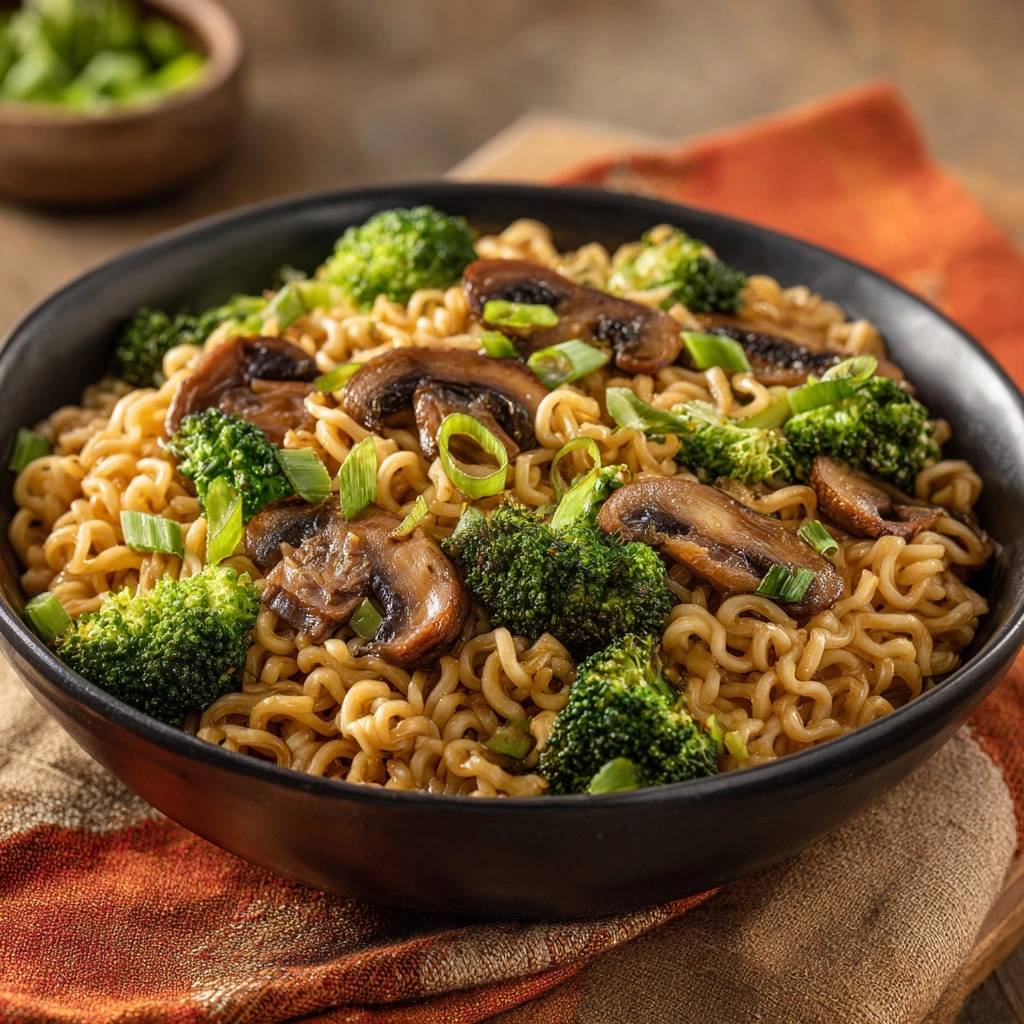 Mushroom broccoli ramen with crisp texture served in a black bowl, showcasing noodles, mushrooms, and broccoli florets.