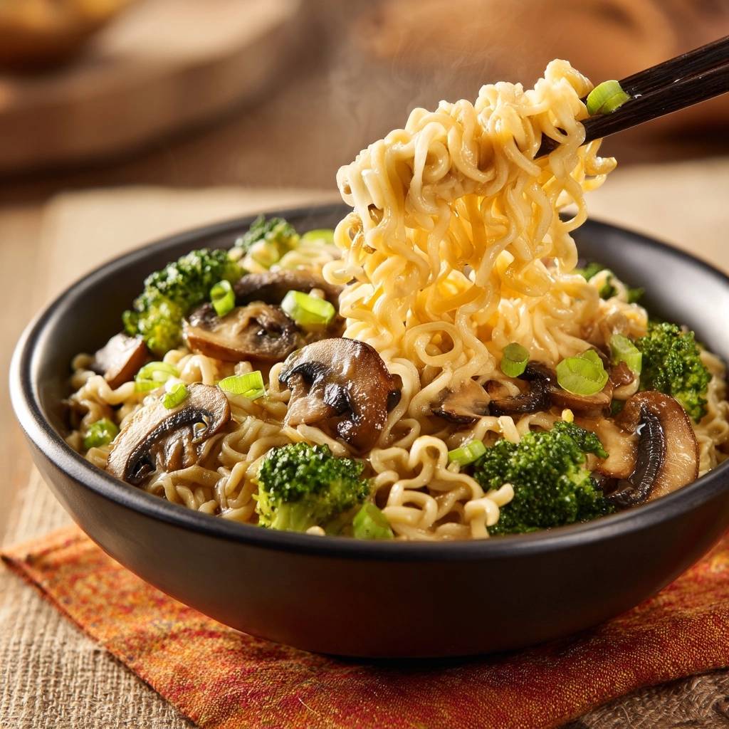 Mushroom broccoli ramen with noodles being lifted from a bowl by chopsticks, showing steam rising.