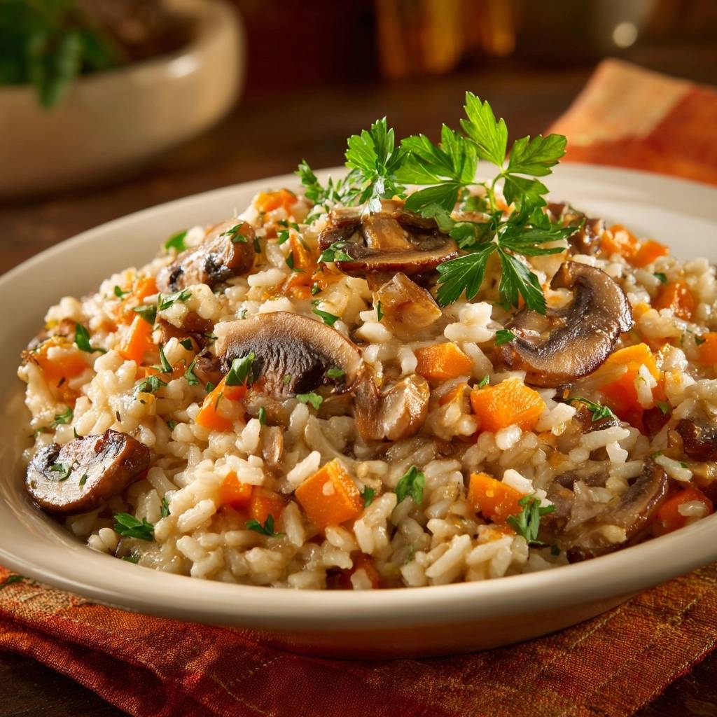 Savory mushroom and carrot risotto served in a close-up view of a creamy bowl, garnished with fresh parsley.