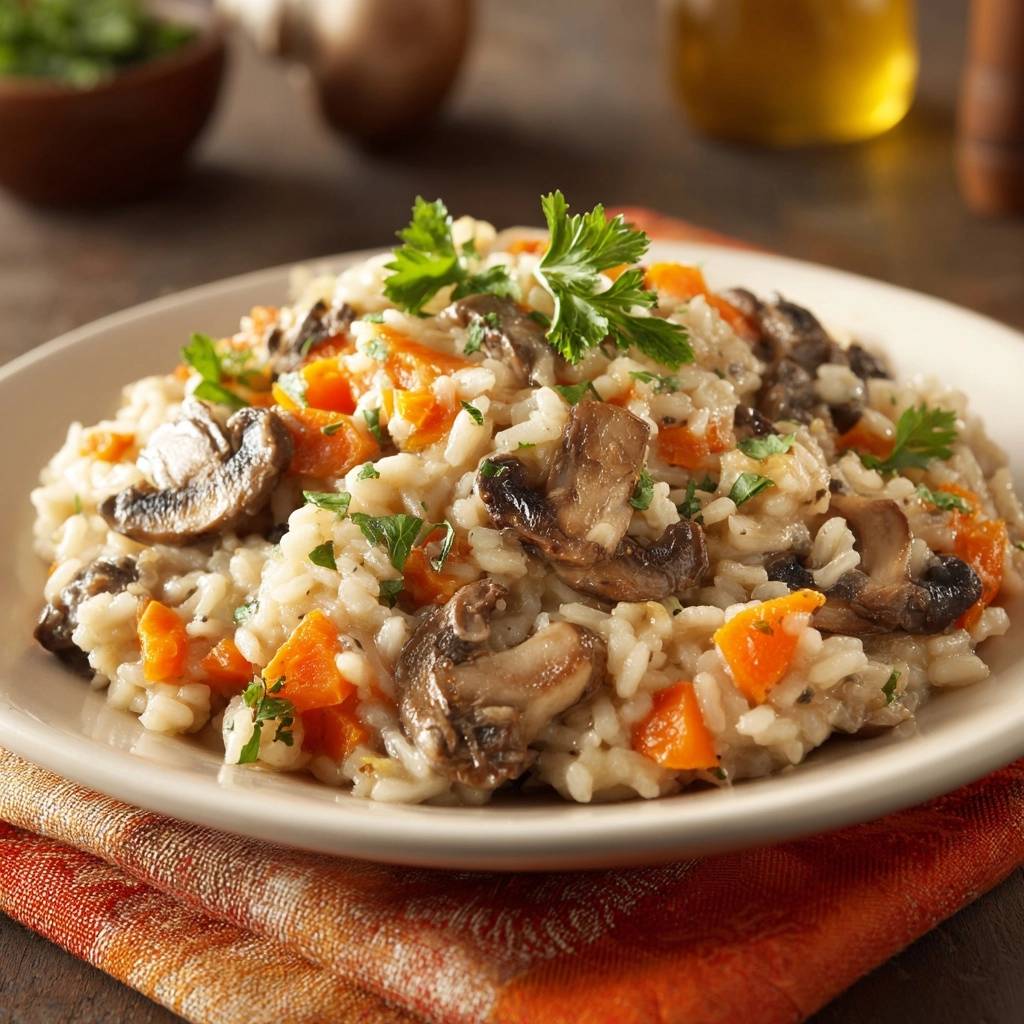Mushroom and carrot risotto plated with fresh parsley garnish, a close-up view showing texture.