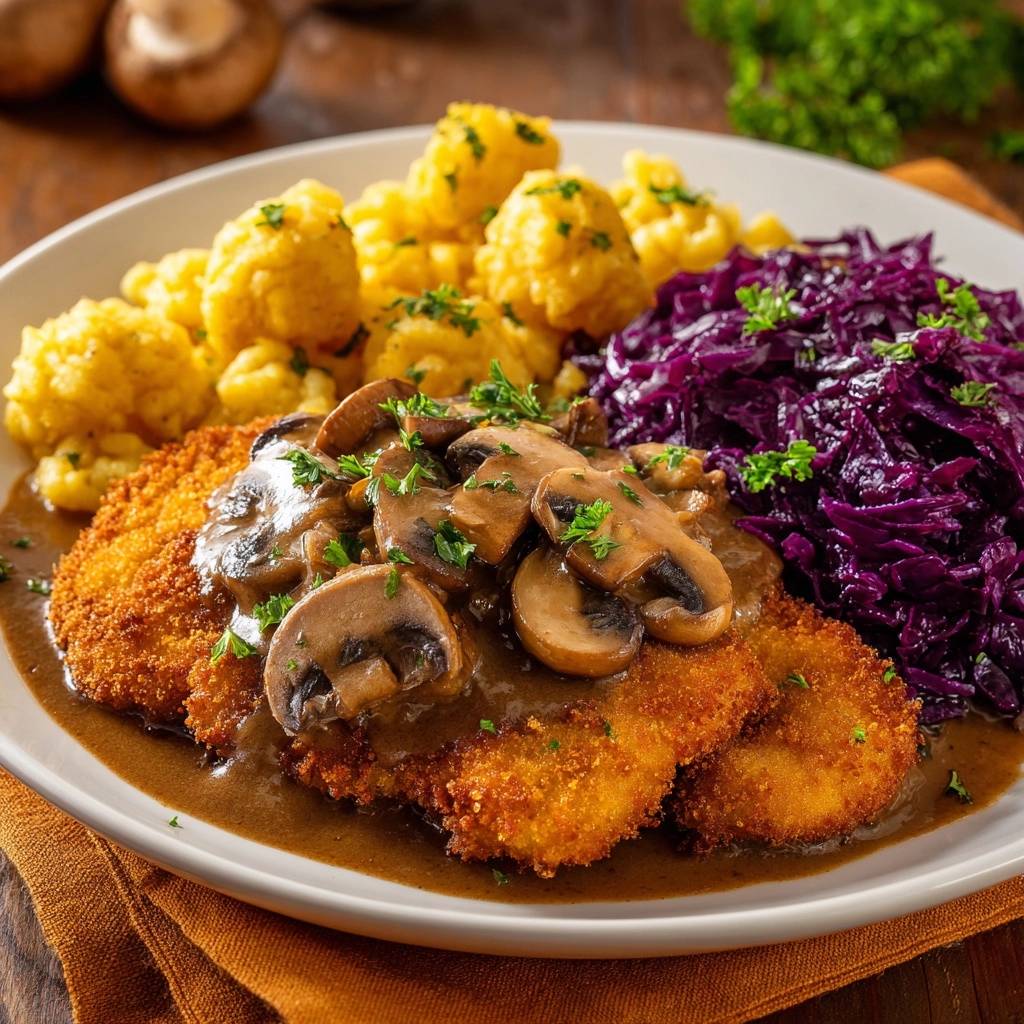 Crispy Mushroom Schnitzel with Braised Red Cabbage served on a white plate, showcasing a close-up view of the entree.