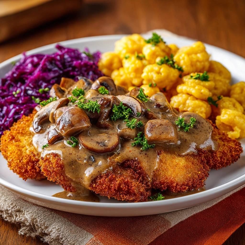 Crispy mushroom schnitzel with braised red cabbage and dumplings plated on a white dish.