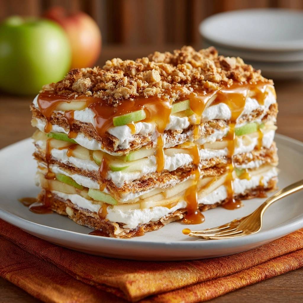No-bake caramel apple graham cake slice showing layers of puff pastry, cream, and apples with caramel drizzle.
