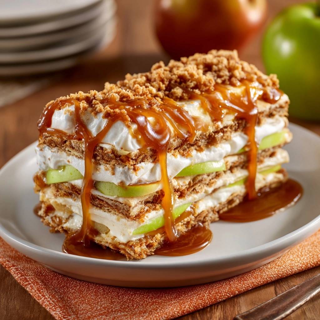 No-bake caramel apple graham cake slice featuring layers of cream, apples, and graham crackers drizzled with caramel.