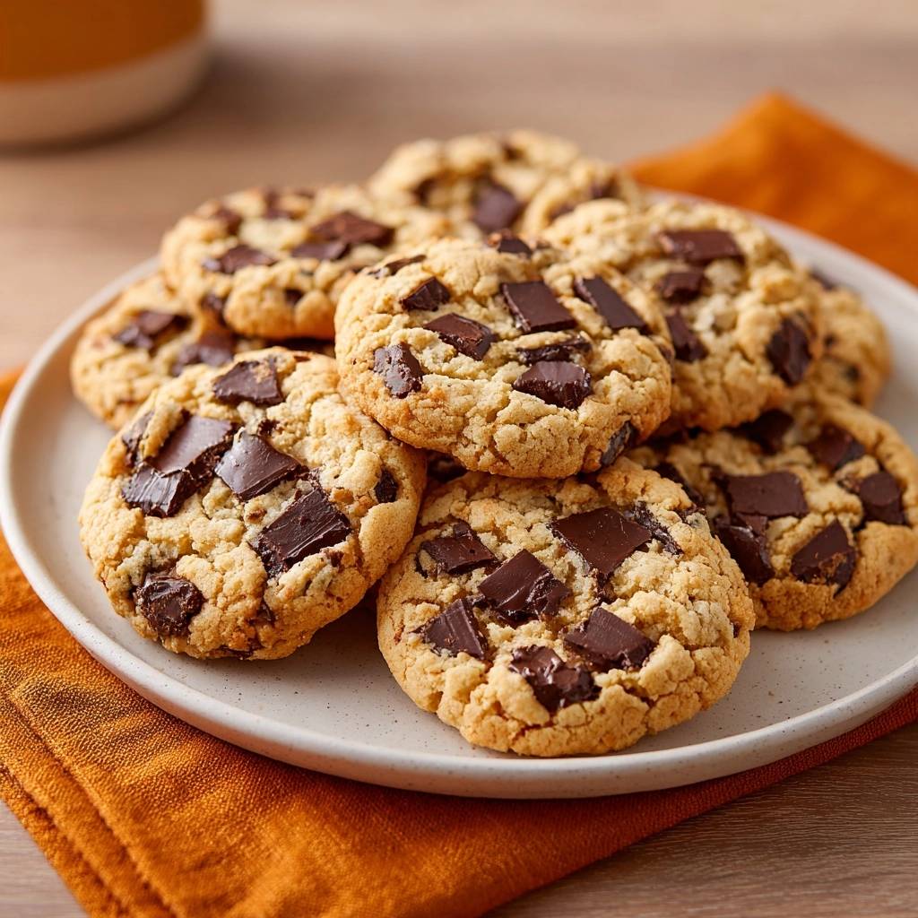 Oatmeal chocolate chunk cookies with chewy centers shown in a close-up view highlighting their textured surface and large chocolate pieces.