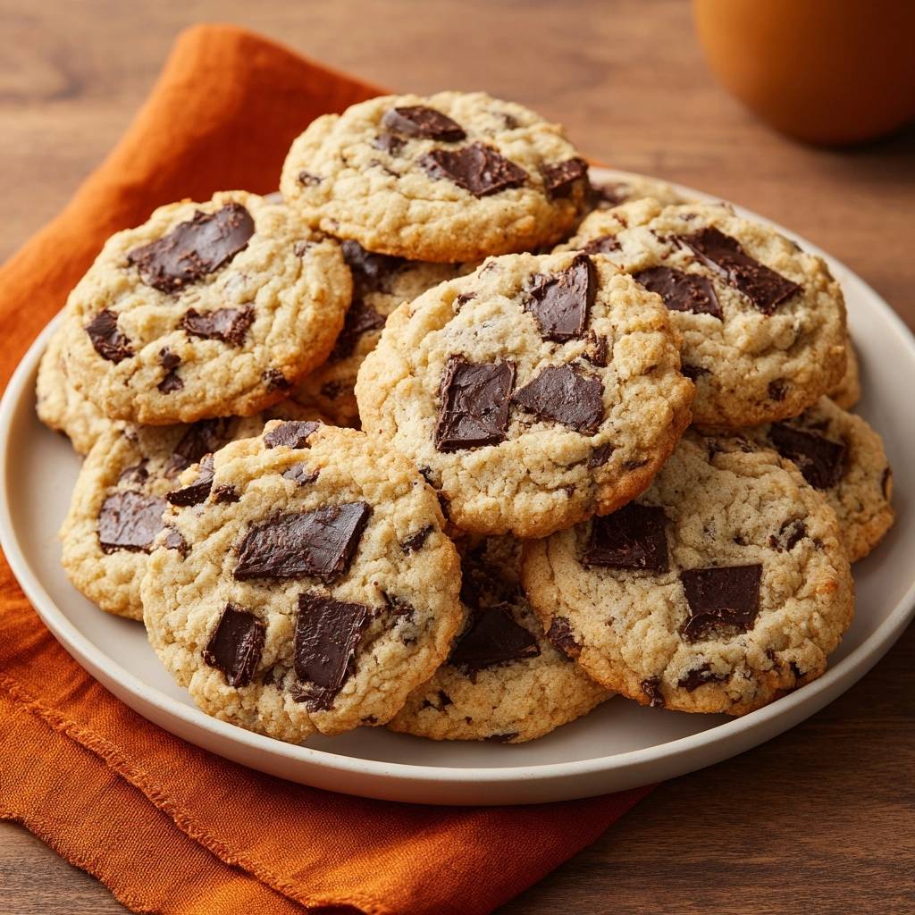 Oatmeal chocolate chunk cookies with chewy centers piled on a plate, showing a close-up detail of their texture.