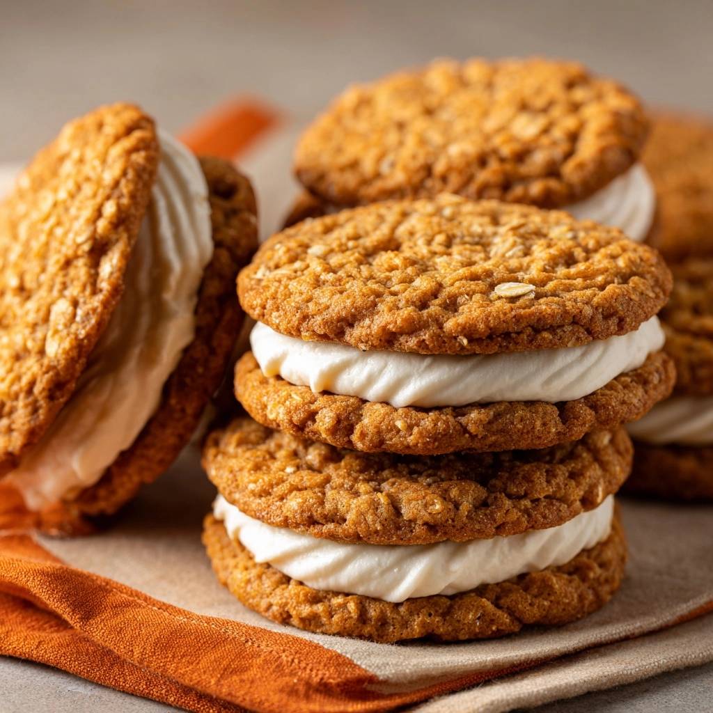 Homemade oatmeal cream pies stacked, showing the creamy filling between the cookies in a close-up view.