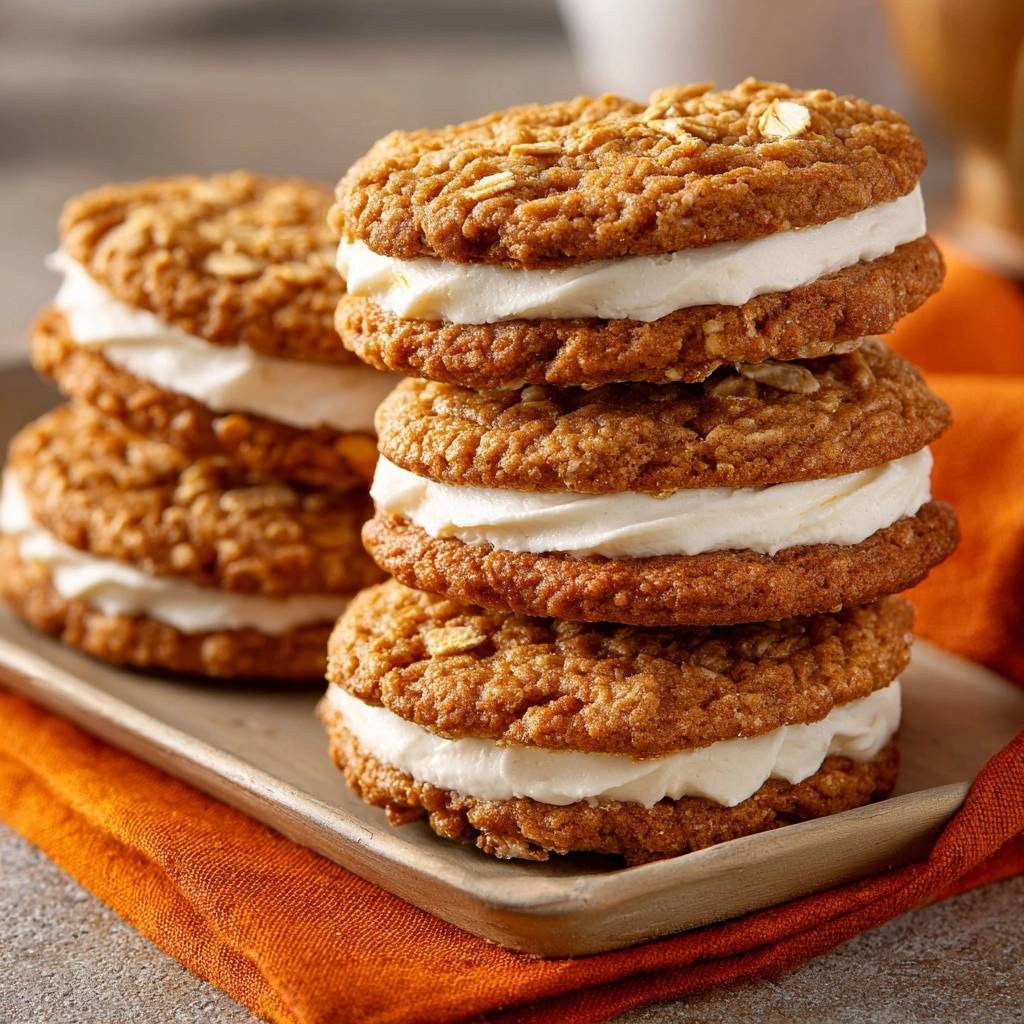 Homemade oatmeal cream pies are stacked on a tray, showcasing their creamy filling and textured cookie layers.