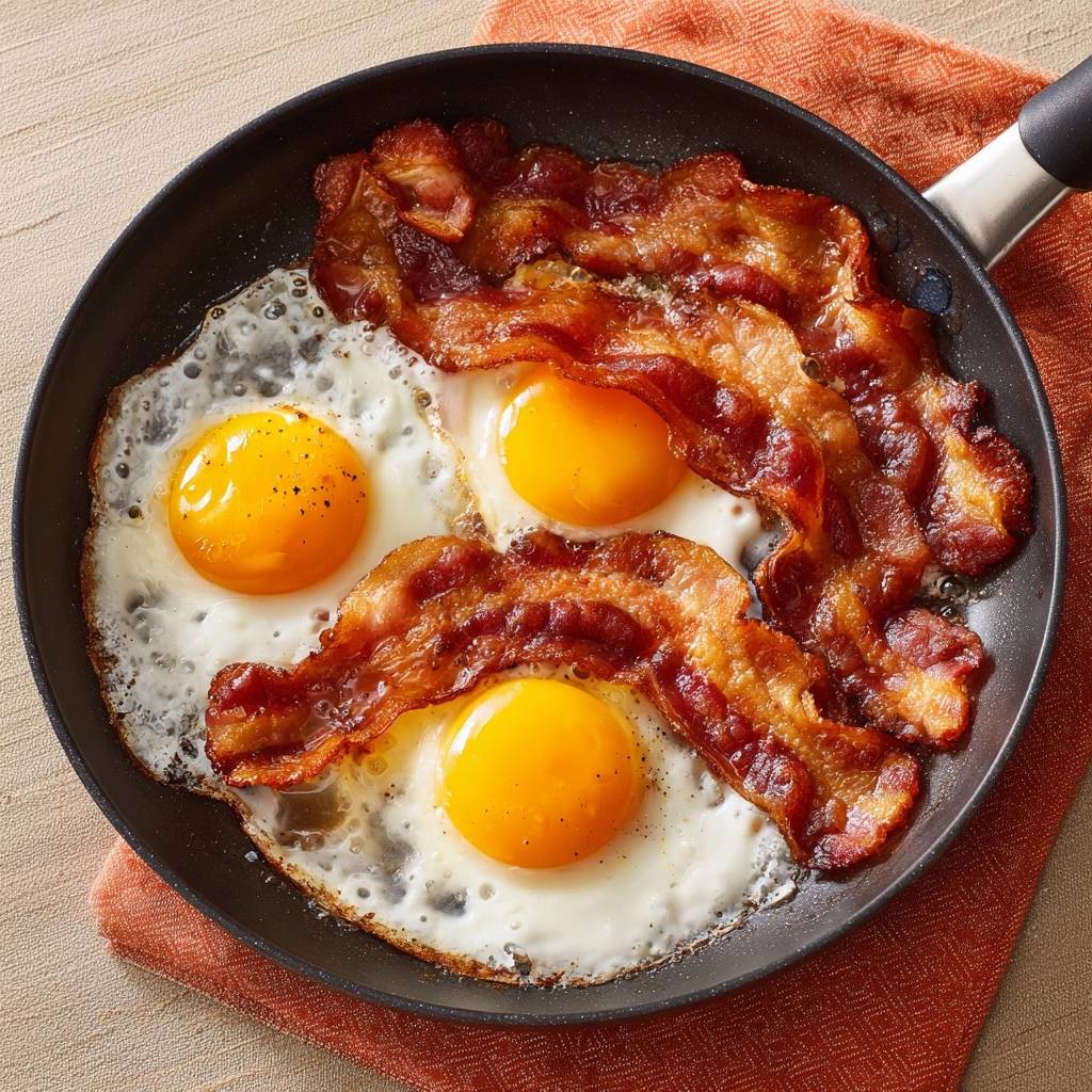 One-pan crispy bacon and sunny-side-up eggs cooking in a skillet, viewed from directly overhead.