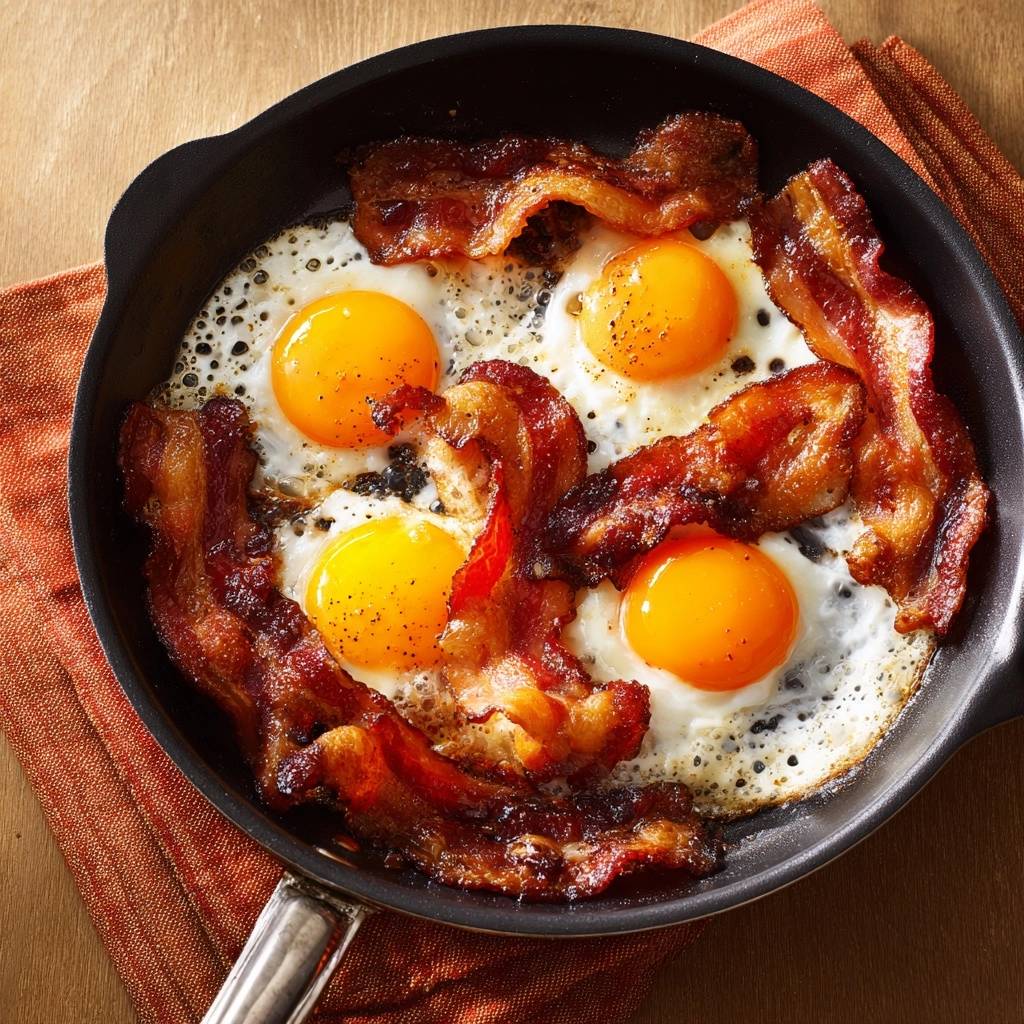 One-pan crispy bacon and sunny-side-up eggs cooked in a cast-iron skillet, viewed from directly above.
