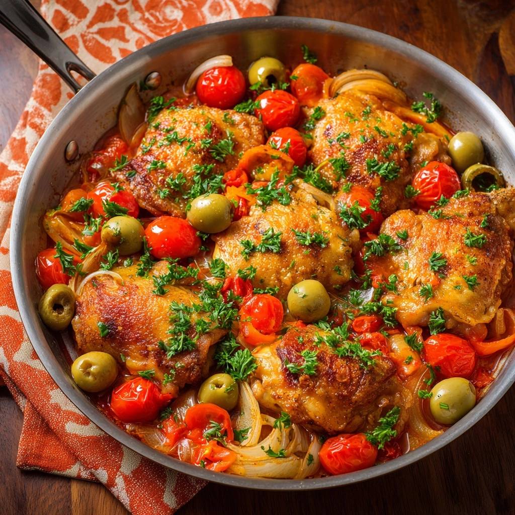 One-pan crispy chicken thighs with burst tomatoes and olives, presented in a skillet from an overhead perspective.