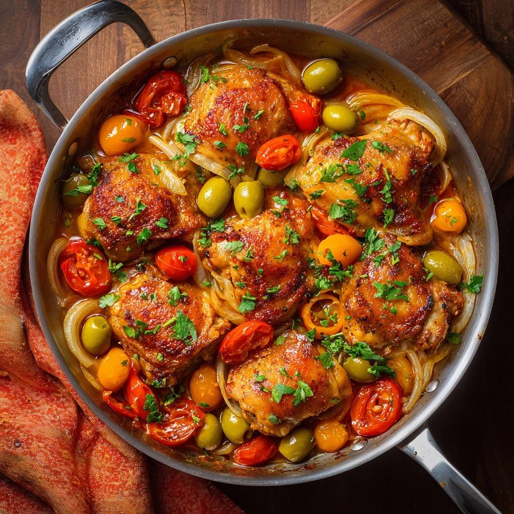 One-pan crispy chicken thighs with burst tomatoes and olives, served in a pan, viewed from directly above.