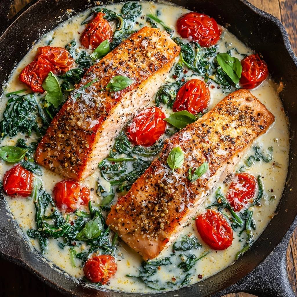 One-pan creamy spinach tomato salmon recipe served in a cast iron skillet, viewed from directly above.