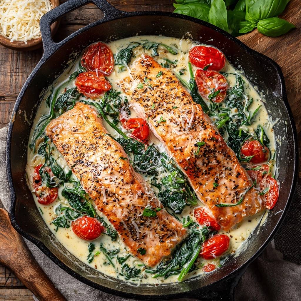 One-pan creamy spinach tomato salmon served in a cast-iron skillet, viewed from directly above.
