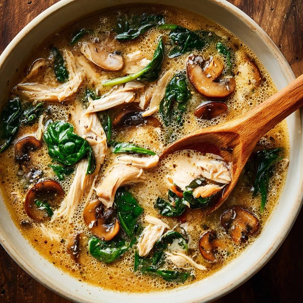 One-pot chicken mushroom spinach soup with a spoonful being lifted out, showing shredded chicken and wilted spinach.