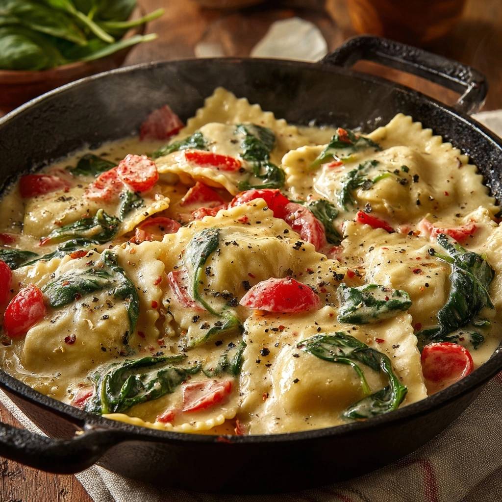 One-skillet creamy spinach tomato ravioli shown close-up in a cast iron pan with steam rising.