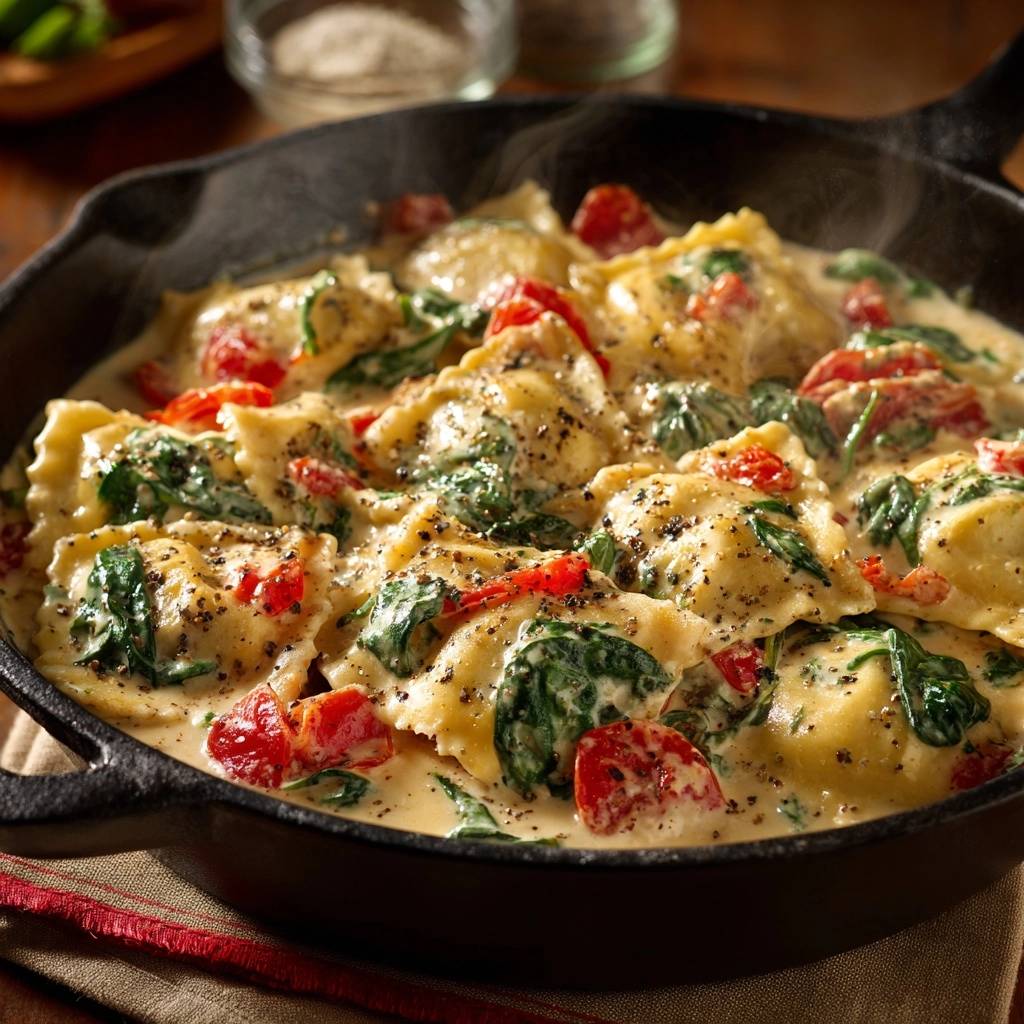 One-skillet creamy spinach tomato ravioli served hot in a cast iron pan, with steam rising from the dish.