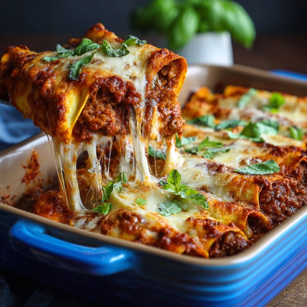 Ooey-gooey beef enchiladas with a generous amount of melted cheese being pulled away from the pan.