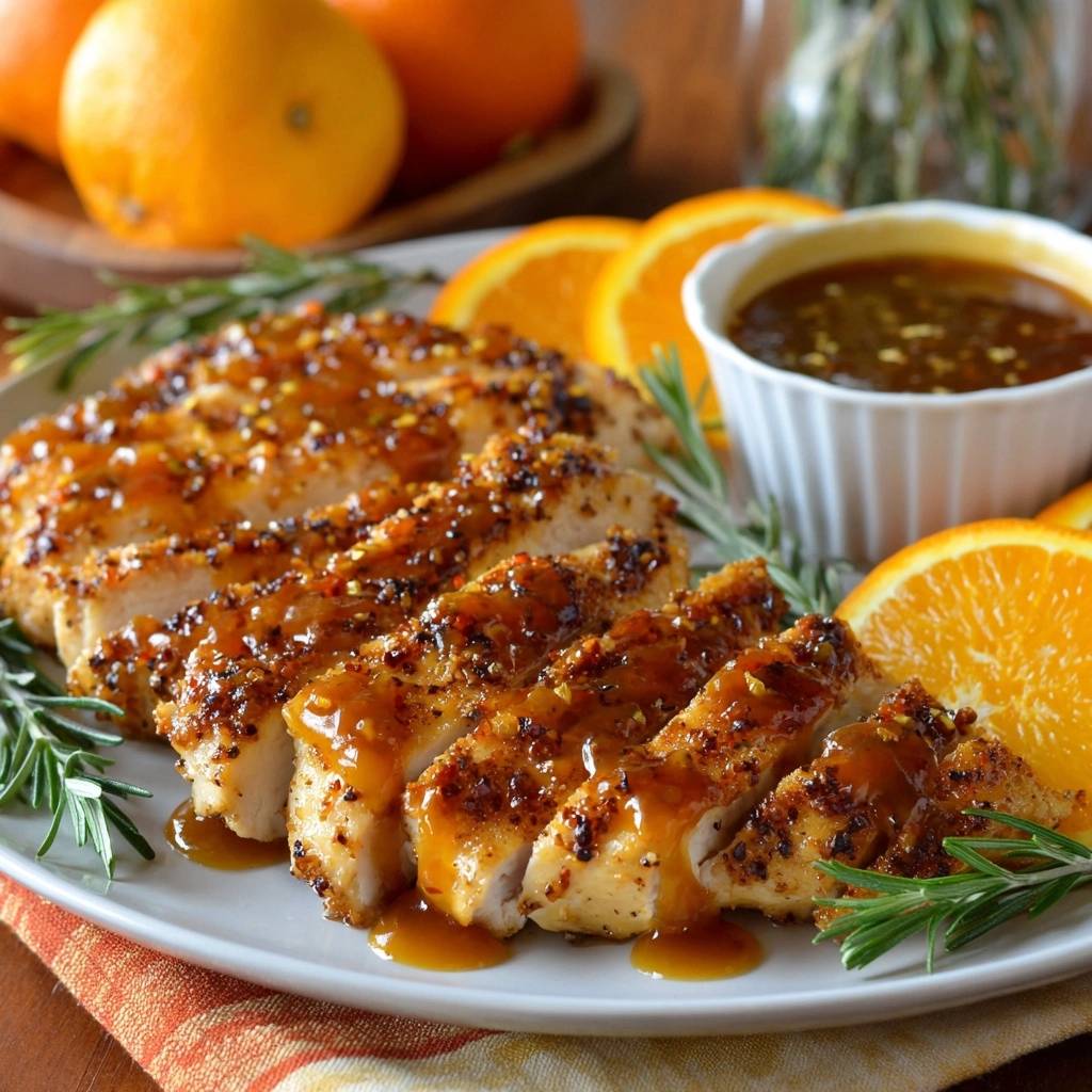 Orange rosemary glazed chicken sliced and plated with fresh rosemary and orange slices, showing a glistening glaze.