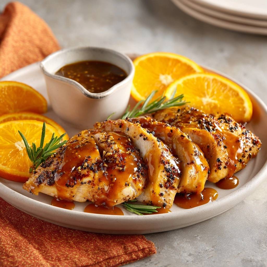 Orange rosemary glazed chicken sliced and drizzled with glaze, served with orange slices and rosemary.