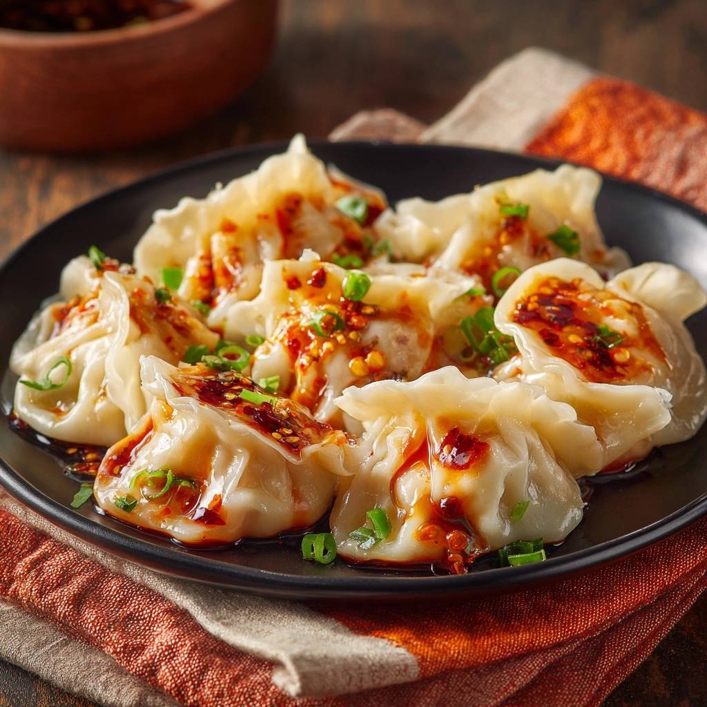 Pan-fried dumplings with chili crisp shown in a close-up view on a black plate with a patterned napkin.