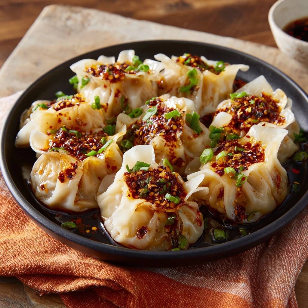 Pan-fried dumplings with chili crisp, served on a black plate and garnished with chopped green onions.