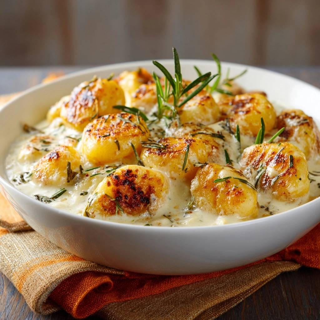 Pan-seared gnocchi in creamy herb sauce, a close-up view of the dish served in a white bowl with rosemary garnish.