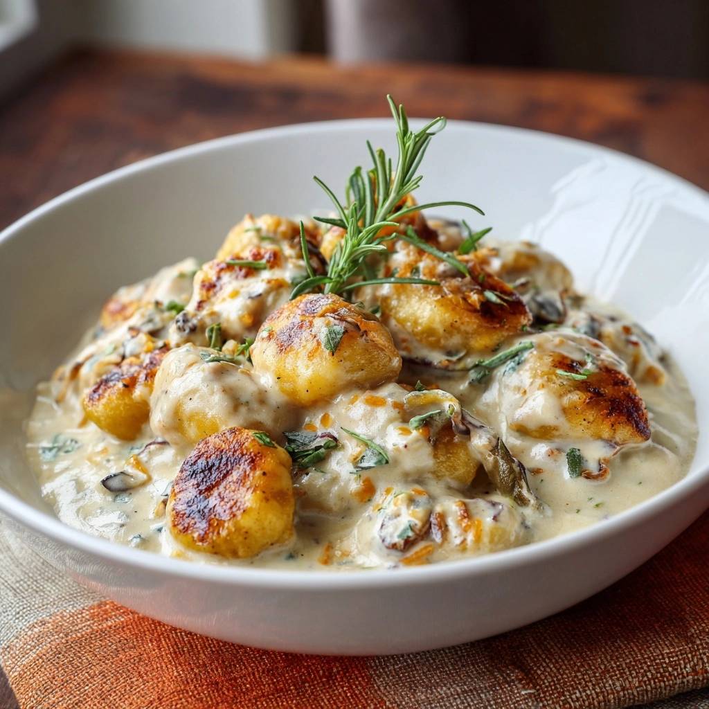 Pan-seared gnocchi in creamy herb sauce, a close-up view highlighting the rosemary garnish and rich sauce.