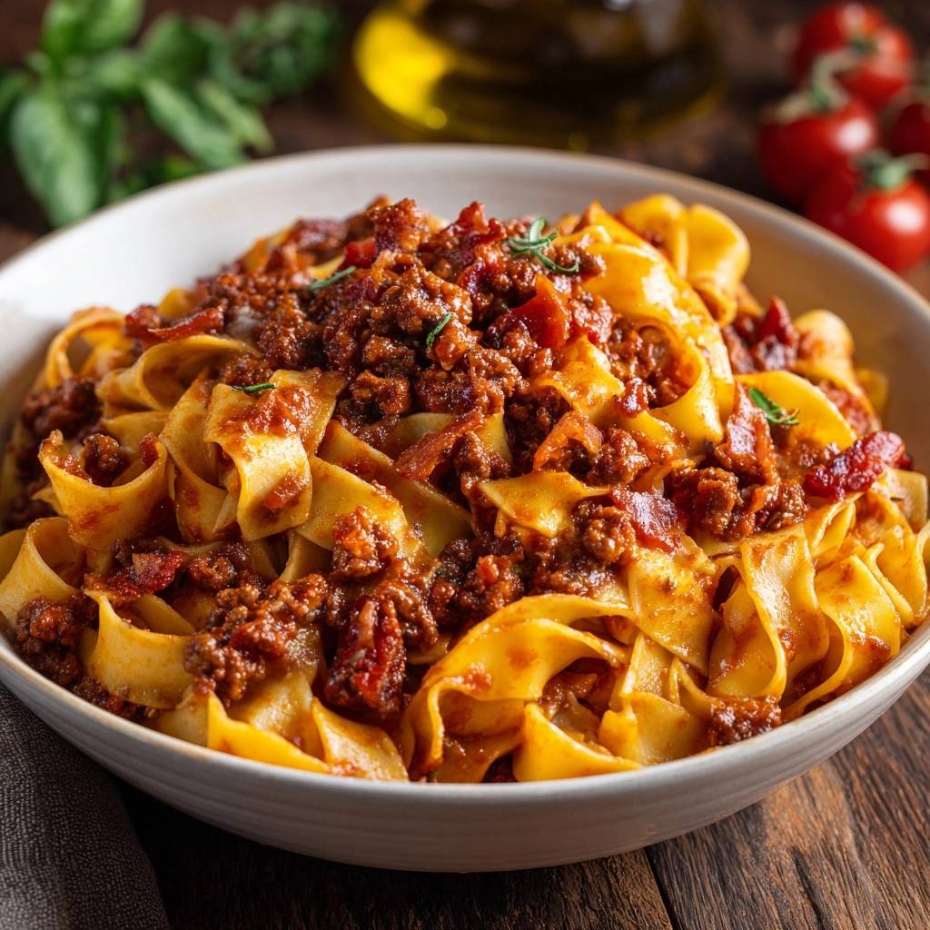 Pappardelle with beef ragu served in a rustic bowl, showcasing thick, hearty sauce clinging to wide noodles.