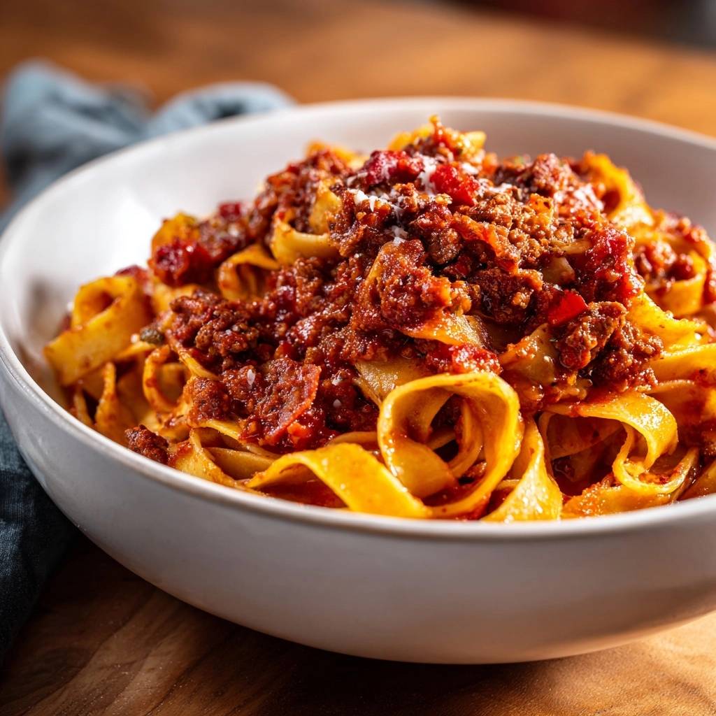 Pappardelle with Beef Ragu: Thick sauce mastery shown in a close-up view of the rich, meaty topping on wide pasta ribbons.