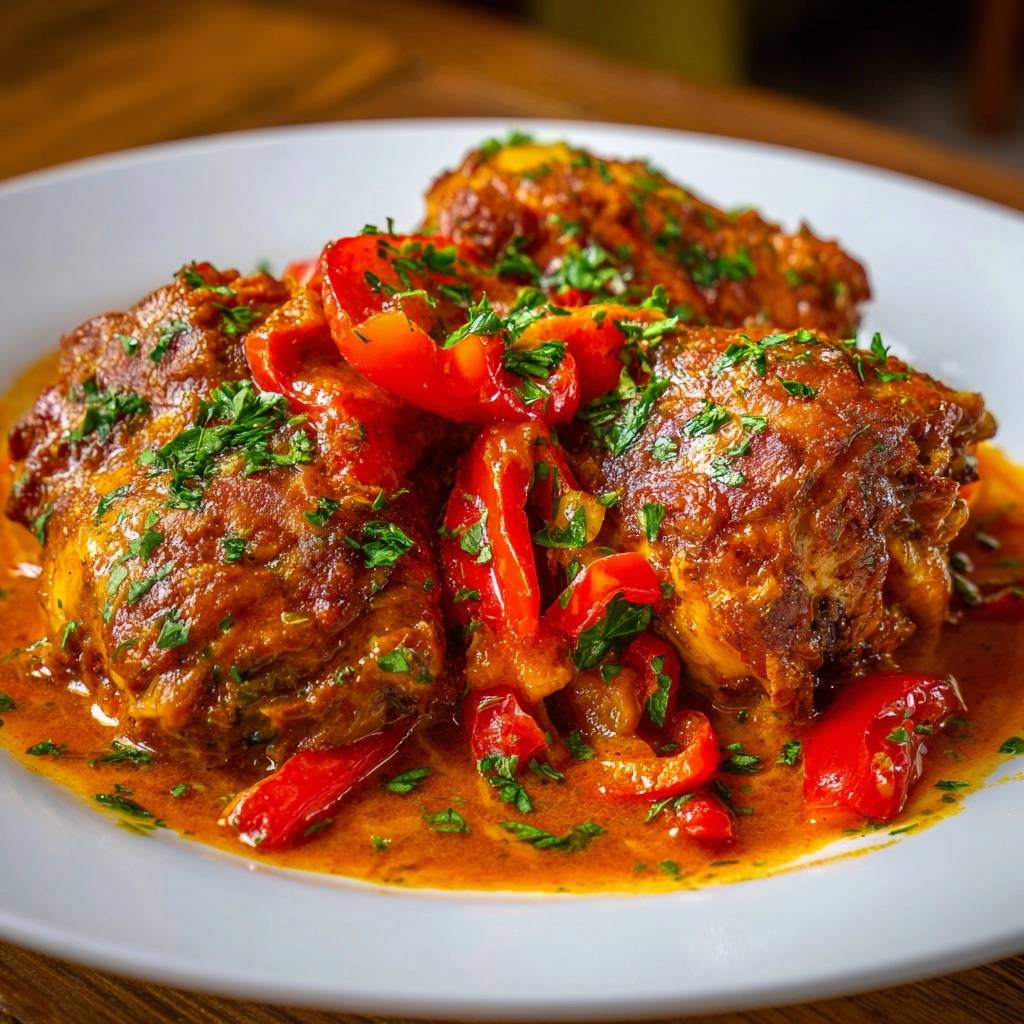 Paprika chicken thighs with peppers served on a white plate, showcasing tender meat and a rich sauce with fresh parsley garnish.