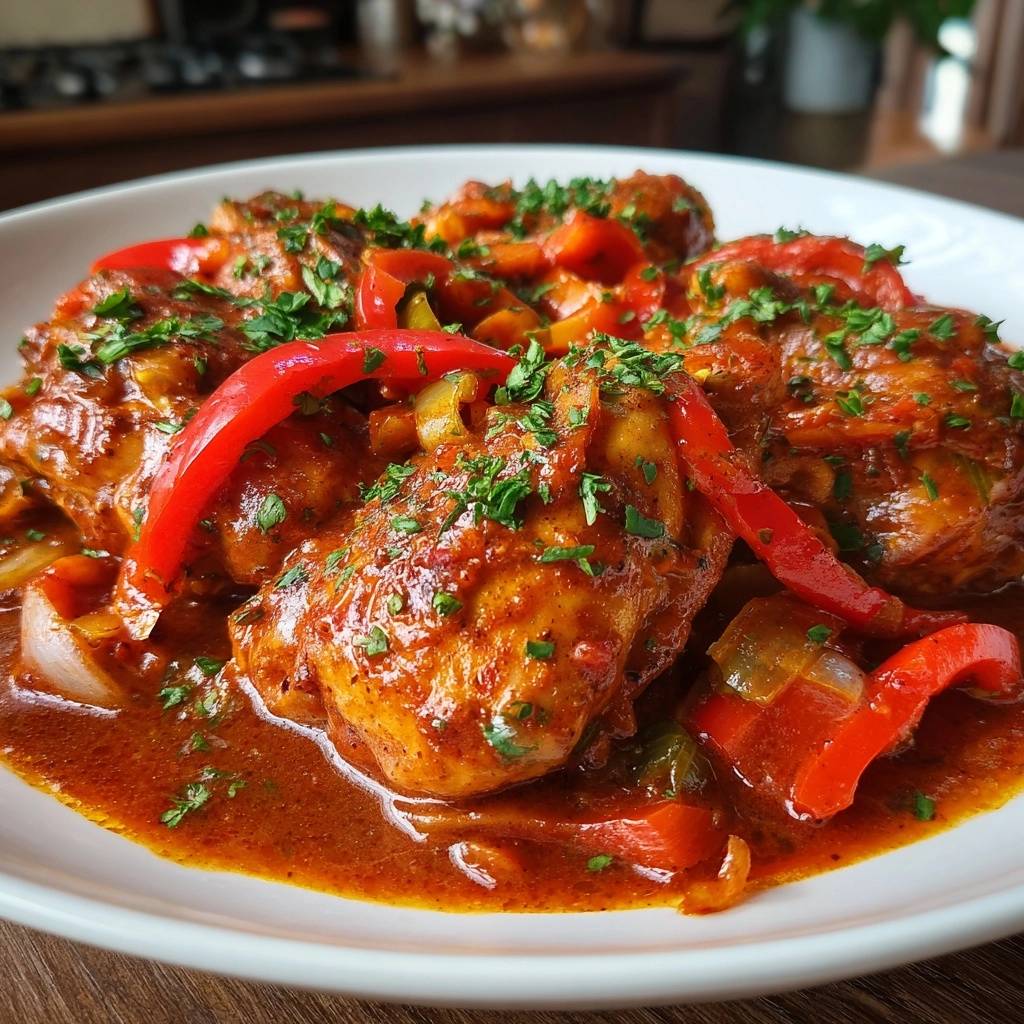Paprika chicken thighs with peppers served plated in a rich sauce, shown in a close-up view with fresh parsley garnish.
